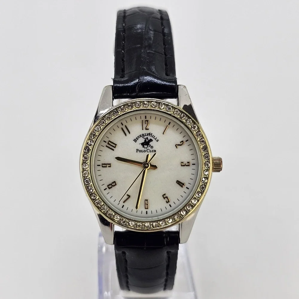 Polo Club Women Analog Watch 33MM Cream MOP Dial Black Leather Bands NEW Battery
